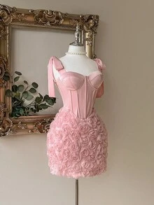 Lovelzi 优雅、浪漫、性感春夏粉色针织弹力吊带抹胸立体花卉面料迷你派对、女士端庄连衣裙、毕业礼服、婚礼派对、节日、舞会鸡尾酒会礼服、婚礼宾客礼服 - 粉色 - 查看 8