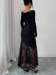 Modelyn Women's Elegant Lace Patchwork Midi Dress - Black - View 3