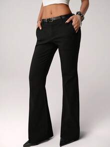 SHEIN ICON Women's Sexy Hot Girl Millennial Style Y2K Urban Modern Simple Commuting Office Siren Style Low Waist Belt Black Slim Flared Trousers - Black - View 5