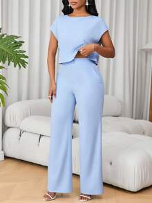 Lunelith SHEIN Lunessa 2 件女式套装：法式圆领短袖休闲上衣和高腰阔腿裤 - 藍色 - 查看 6