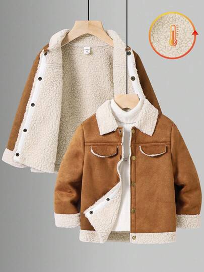 SHEIN 男童加厚抓绒外套，卡其色，连帽拉链卫衣，休闲上衣，适合春、夏、秋、冬四季，返校、花园、海滩、生日等场合。