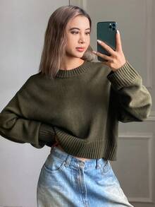 DAZY Áo len cổ tròn ngắn rộng rãi màu trơn phong cách đường phố thường ngày cho nữ, mùa thu/đông - màu xanh lá - Xem 5