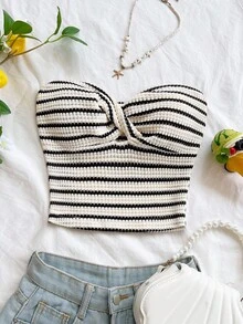Soleia Women's Beach Fashion Women Striped Twist Bandeau Crop Top, Versatile Summer Wear