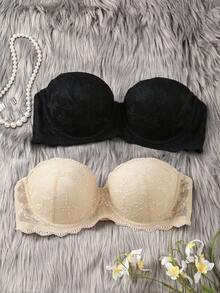 SHEIN 2 件女士蕾丝抹胸文胸带钢圈，浪漫性感，夏季无肩带防滑文胸，可拆卸隐形肩带，百搭穿着 - 彩色 - 查看 1