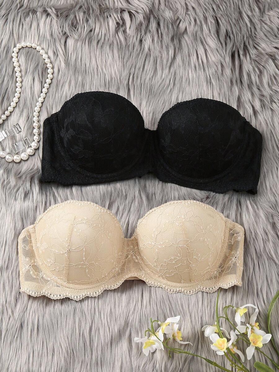 SHEIN 2 件女士蕾丝抹胸文胸带钢圈，浪漫性感，夏季无肩带防滑文胸，可拆卸隐形肩带，百搭穿着 - 彩色 - 查看 1
