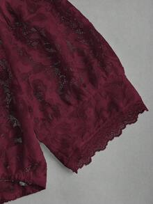 Fairmaia Niemiecki tradycyjny damski koronkowy top w jednolitym kolorze z krótkim rękawem typu latarnia, skrócony na lato - Burgund - Zobacz 5