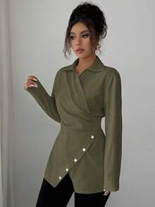 Modelyn 女士梭织领长袖系带棉质修身两件套 - 軍綠色 - 查看 3