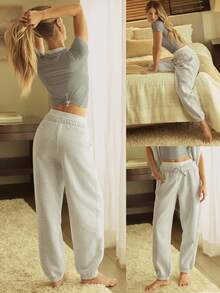 GLOWMODE Petite Everyday Fleece Be Comfy Oversized Fit Adjustable Drawstring Waist Basic Joggers With Side Pockets Daily Casual - Light Grey - View 8