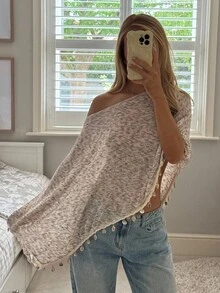 SHEIN EZwear 女款米色夏季波西米亞度假風漸層斜肩蝙蝠袖針織貝殼邊寬鬆時尚上衣，紮染蝙蝠袖披肩流蘇流蘇上衣 - 白色 - 查看 3