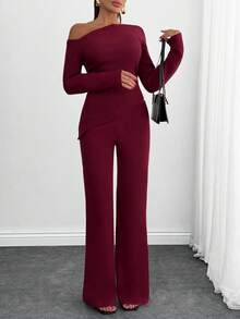 SHEIN Cottnline مجموعة قطعتين كاجوال غير متماثلة للنساء باللون البرغندي - عنابي اللون - مشاهدة 4