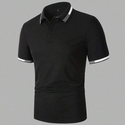 Men's Contrast Trim Button Polo Shirt, Casual Summer Short …