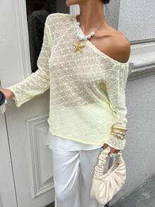 Chiquease Women's Pale Yellow Elegant Long-Sleeved T-Shirt,Autumn Holiday Tea Party,Hollow Lace Fabric,Off-Shoulder Solid Color Textured Fabric Versatile Top - Yellow - View 4