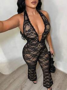 SHEIN SXY 黑色性感蕾丝深V领连体裤 - 黑色 - 查看 1