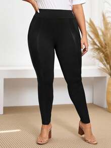 Miaspire Plus Size Women's PU Leather Splice Leggings,Fall Clothes,Spring/Summer/Vacation - Black - View 3