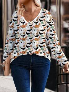 EMERY ROSE New Plus Size Women Fashion Printed Faux Fur Jacquard Halloween Element V-Neck Long Sleeve Loose T-Shirt - Multicolor - View 4