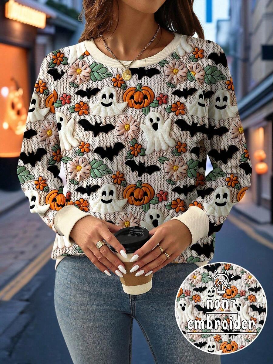 EMERY ROSE Plus Size Halloween Ghost, Pumpkin & Bat Print Raglan Long Sleeve Sweatshirt Pullover Fall Winter Autumn - Multicolor - View 1
