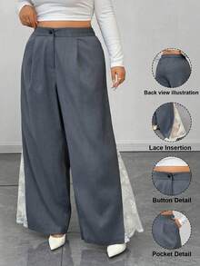 Elenzga 大码女式新款优雅通勤蕾丝拼接阔腿裤 - 淺灰色 - 查看 1