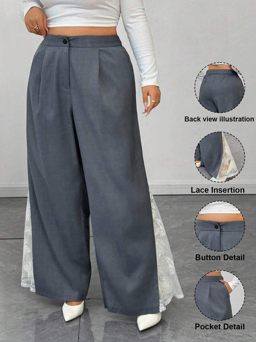 Elenzga 大码女式新款优雅通勤蕾丝拼接阔腿裤 - 淺灰色 - 查看 1