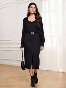 Miaspire 女士黑色雪纺袖中长连衣裙，鸡心领，优雅金属扣腰带，适合秋季外出聚会 - 黑色 - 查看 4