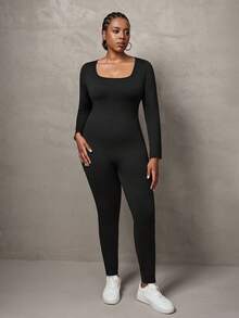 SHEIN Tall CURVE 大码优雅休闲纯色黑色长袖紧身连体裤，U 领 - 黑色 - 查看 3