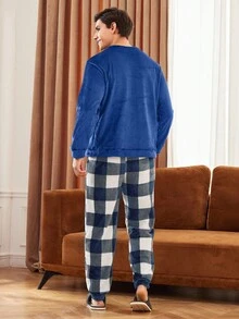 男士纯色圆领长袖上衣和格子裤蓬松睡衣套装，秋冬服装，舒适保暖 - 彩色 - 查看 2