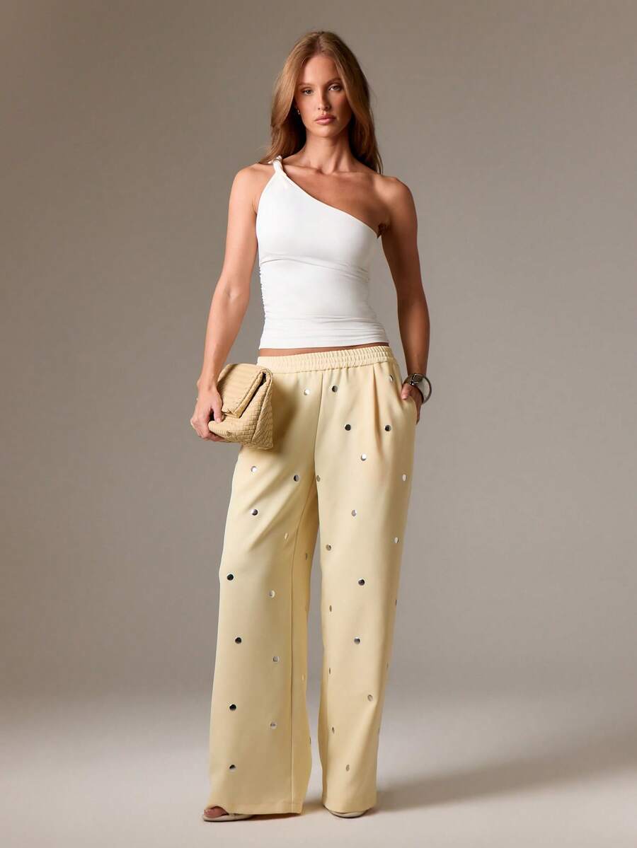 AiiRZ Studded Wide Leg Palazzo Pants With Polka Dot Pattern High Rise Elastic Waist Casual Trousers