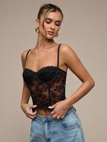 SHEIN BAE Women's Fashion Sexy Lace Frill Trim Camisole Top - Black - View 1