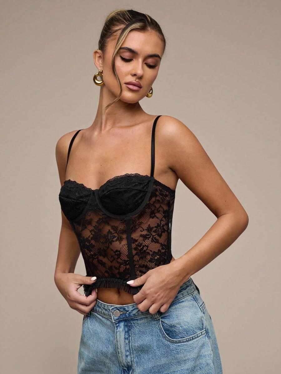 SHEIN BAE Women's Fashion Sexy Lace Frill Trim Camisole Top - Black - View 1