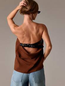 AiiRZ Áo Bandeau không dây màu nâu sô cô la có chi tiết thắt lưng cho thời trang mùa thu - màu nâu - Xem 1