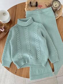 SHEIN Young Girl Cable Pattern Turtleneck Long Sleeve Sweater And Knitted Pants Casual Set, Autumn/Winter Fall - Green - View 1