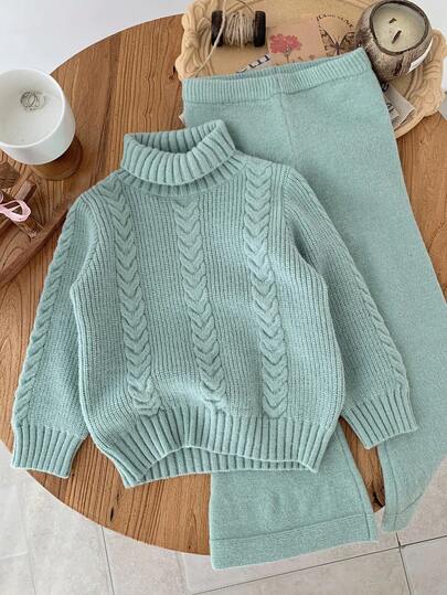 SHEIN Young Girl Cable Pattern Turtleneck Long Sleeve Sweater And Knitted Pants Casual Set, Autumn/Winter Fall