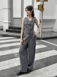 2pcs Set: Elegant Striped Vest + Suit Pants For Teens, Urban Commuting & Party Outfit - Grey - View 4
