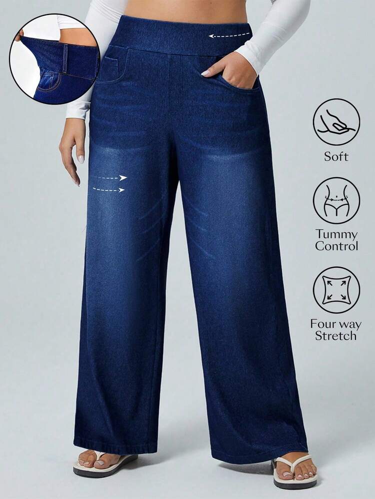 Flexra Jeans novio de pierna ancha de punto con alta elasticidad, talla grande - Azul lavado oscuro - Añade 1