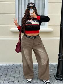 SHEIN ICON Plus Size Women High Waist Pockets Loose Casual Wide Leg Jeans