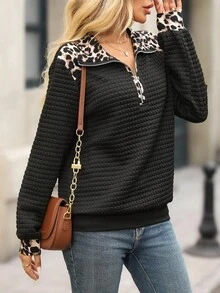 EMERY ROSE 秋季休闲豹纹拼布纹理卫衣 - 黑色 - 查看 6