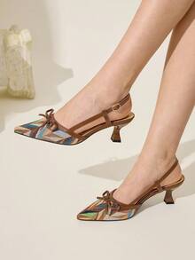 CUCCOO CHICEST 女式几何拼色尖头小猫跟凉鞋，优雅波西米亚风格舒适一脚蹬高跟鞋，百搭复古别致正装鞋，棕色 - 咖啡棕 - 查看 5