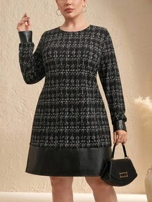 Chikora 大码女式优雅黑色格子印花图案 PU 拼布针织长袖直筒连衣裙，秋冬 - 黑與白 - 查看 4