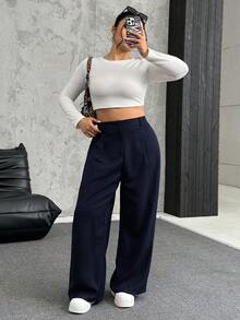 SHEIN EZwear 秋冬大码纯色褶皱阔腿宽松休闲裤 - 藏蓝色 - 查看 5