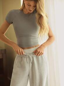 GLOWMODE Petite Everyday Fleece Be Comfy Oversized Fit Adjustable Drawstring Waist Basic Joggers With Side Pockets Daily Casual - Light Grey - View 9