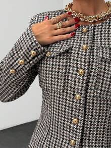 EURMUSE Bộ vest và chân váy họa tiết Houndstooth dành cho nữ – Bộ vest thanh lịch hai mảnh đính cúc vàng - màu nâu - Xem 7