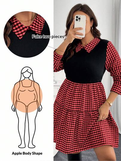 SHEIN Essnce 大码女装秋冬时尚休闲宽松长袖黑白格子拼接两件式束腰连衣裙，秋季女装，职业装，可爱连衣裙，亲子装，大码服装，教师装，黑色长袖连衣裙，衬衫裙