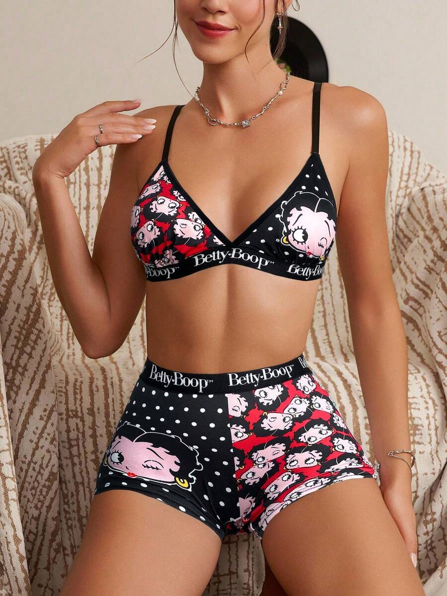 Betty Boop x SHEIN 女士波尔卡圆点和卡通人物字母提花文胸和宽松内裤套装 - 黑色 - 查看 1