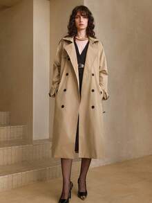 Arave Women's A-Line Silhouette With Raglan Shoulders, Apricot-Colored British Style, Large Lapel, Double-Breasted, Long Belt Design, Daily Commuting Trench Coat Fall Clothes For Women