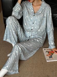Dream Adore Women Striped Floral Textured Fabric Print Long Sleeve Top & Pants Blue And White Vintage Pajama Set, Fall Clothes - Multicolor - View 2