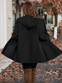 SHEIN CURVE+ Plus Size Women's Solid Color Long Sleeve Thermal Lined Casual Hoodie Jacket, Autumn/Winter - Black - View 9