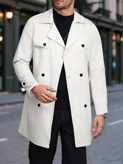 Manfinity Homme Men's Button Front Long Sleeve Pocket Simple Casual Trench Coat, Going Out Flannel Trench Coat, For Friends, Husband, Boyfriend Gifts
