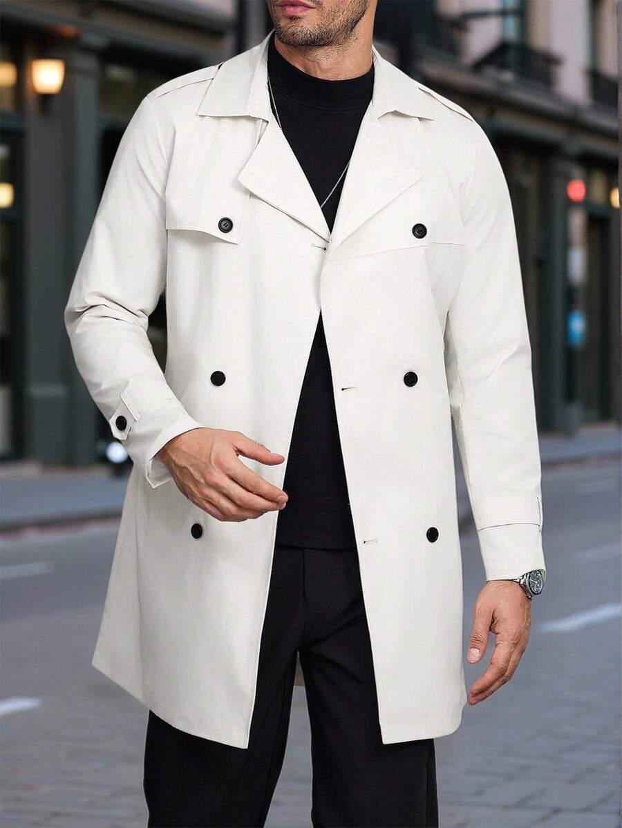 Manfinity Homme 男士纽扣前长袖口袋简约休闲风衣，外出法兰绒风衣，适合送给朋友、丈夫、男朋友的礼物 - 杏色 - 查看 1