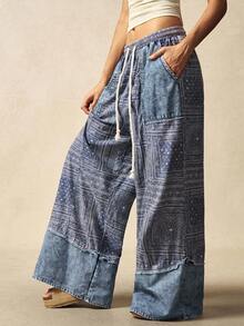 Bohemela 秋季波西米亚音乐节万圣节佩斯利图案休闲梭织拼接宽松阔腿女裤 - 藍色 - 查看 5