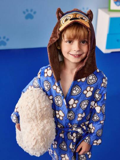 SHEIN | PAW Patrol Bata de felpa con capucha con estampado de huellas de cachorro divertido 3D, ropa de estar en casa para otoño/invierno para niño pequeño