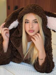 Sweetina Women's Fluffy Jacket With Cute Koala Ears, Adorable & Sexy In Fall/Winter - Coffee Brown - View 3